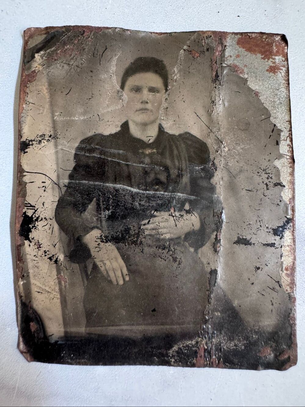 Antique metal tin photograph single woman black white Ferrotype tintype iron she